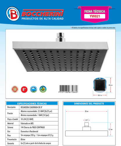 REGADERA CUADRADA EN ABS DE 8 PULGADAS