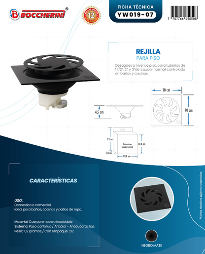 REJILLA CUADRADA 10 CM NEGRA EN ACERO INOXIDABLE